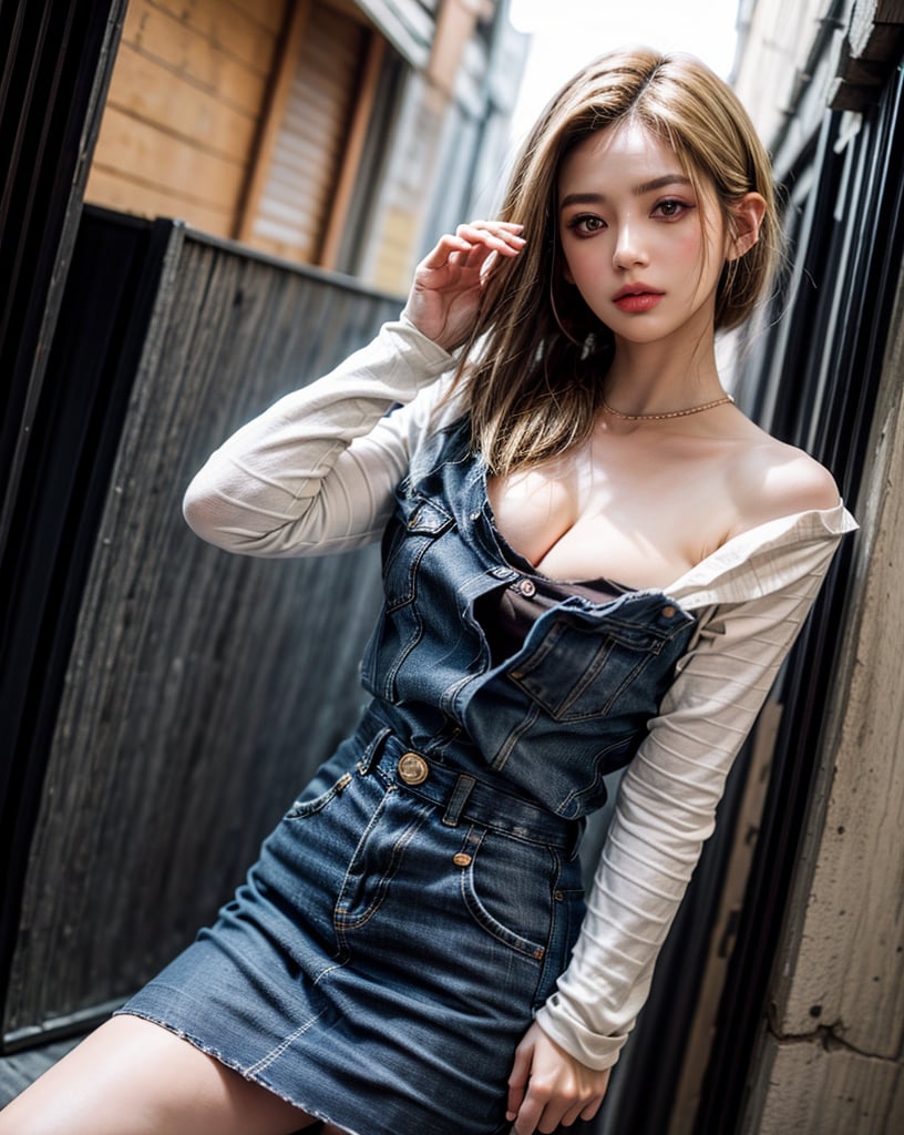 (glamour photography) photo of minju, Android_18_DB, (blonde:1.2), half_ponytail_hairstyle, denim skirt, black undershirt with long white sleeves, pantyhose, cleavage, (blush:0.9), (goosebumps:0.5), beautiful, masterpiece, photorealistic, remarkable detailed pupils, realistic dull skin noise, visible skin detail, skin fuzz, dry skin, (1girl, solo:2), (petite:1.2), masterpiece, hi-res, hdr, 8k, photorealistic, ultra realistic, ((pretend a goddess posing gravure):1.2), (cowboy shot:1.4), (streets of manila:1.4), soft bounced lighting, ray_tracing, subsurface scattering, {from side|from behind|(shot from a dutch angle:1.4)}, shot on RED camera, RAW candid cinema, (50mm portrait lens:1.2)