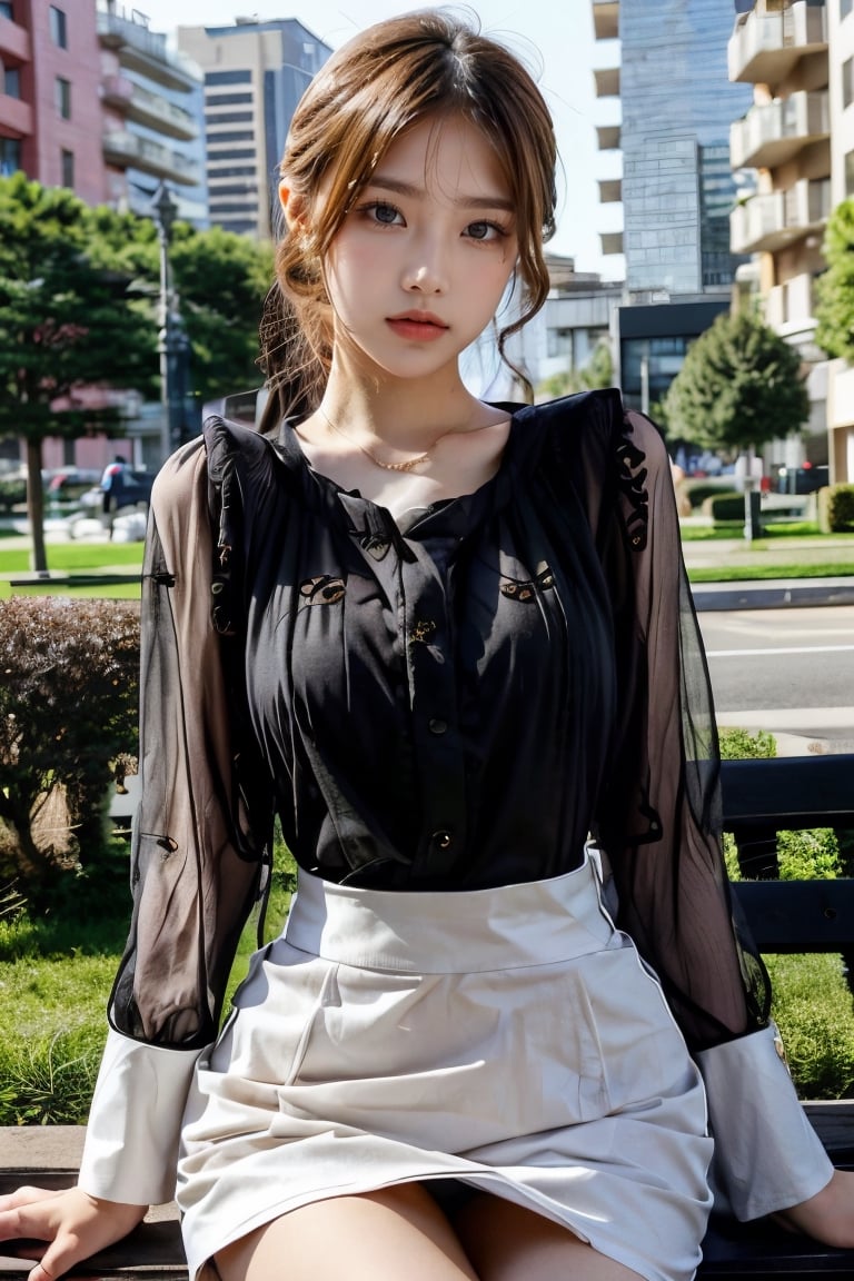 (glamour1.3) photo of a beautiful (teenage) woman with visible collarbone, BREAK wearing edgCT, blouse, chic top, black_skirt, BREAK hourglass body shape, Aesthetic, upper_body from hips, (sitting on a park_bench, city settings), dramatic lighting, cinematic shot, 50mm lens, rule_of_thirds, Fujicolor_Pro_Film,