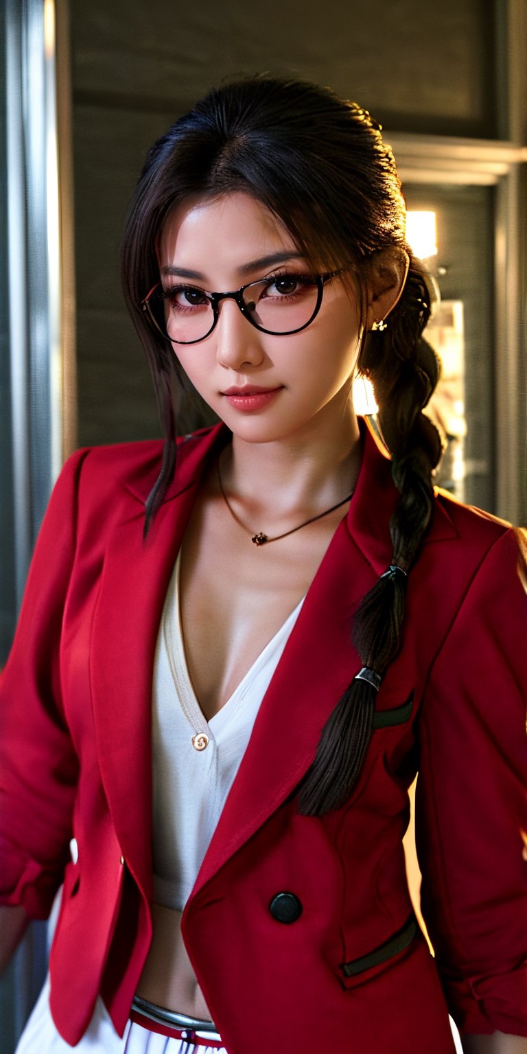 (glamour1.2) photo of a beautiful young woman with braided ombre hair, working at the office, BREAK wearing red (blazer) with a white undershirt, micro_skirt, jewelry, eyeglasses, (blush, blemishes:0.6), (goosebumps:0.5), subsurface scattering, iridescent eyes, detailed skin texture, hourglass body shape, textured skin, realistic dull skin noise, visible skin detail, skin fuzz, dry skin, petite, photorealistic, remarkable color, (photorealistic, SFW:1.3), (upper_body from hips framing:1.3), dramatic lighting, golden_ratio, rule_of_thirds, Fujicolor_Pro_Film, ff7r style