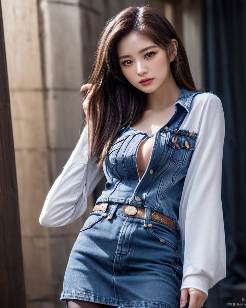 (glamour photography) photo of minju, Android_18_DB, blonde half_ponytail_hairstyle, (denim skirt, black undershirt with long white sleeves, pantyhose), (blush:0.9), (goosebumps:0.5), beautiful, masterpiece, photorealistic, remarkable detailed pupils, realistic dull skin noise, visible skin detail, skin fuzz, dry skin, (1girl, solo:2), (petite:1.2), masterpiece, hi-res, hdr, 8k, photorealistic, ultra realistic, ((pretend a goddess posing gravure):1.2), (cowboy shot:1.6), streets of manila, soft bounced lighting, (ray_tracing:1.2), subsurface scattering, {from side|from behind|(shot from a dutch angle:1.4)}, shot on RED camera, RAW cinema photo, (50mm portrait lens:1.2)