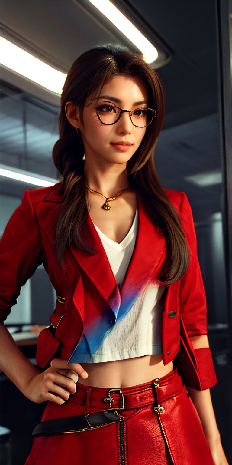 (glamour1.2) photo of a beautiful young woman with braided ombre hair, working at the office, BREAK wearing red (blazer) with a white undershirt, micro_skirt, jewelry, eyeglasses, (blush, blemishes:0.6), (goosebumps:0.5), subsurface scattering, iridescent eyes, detailed skin texture, hourglass body shape, textured skin, realistic dull skin noise, visible skin detail, skin fuzz, dry skin, petite, photorealistic, remarkable color, (photorealistic, SFW:1.3), (upper_body from hips framing:1.3), dramatic lighting, golden_ratio, rule_of_thirds, Fujicolor_Pro_Film, ff7r style