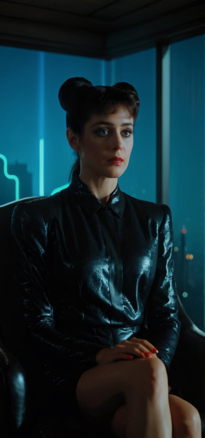 (Hyper-realistic photograph:1.4), Captivating scene in Tyrell's meeting room, Featuring (Rachael, experimental Nexus-7 replicant from Blade Runner:1.4), (facing viewer, POV), (22 year old, Sean Young:1.5), puffy curtain fringe (medium ponytail Black hair:1.3), full body reclined view, legs focus, looking at the viewer, with a highly illuminated city landscape in background, blue eyes, photography style, sitting with beautiful long legs crossed, (full-body shot:1.3), (contemplative expression:1.2),(well-lit:1.2) Extremely Realistic, serendipity art, (sharp focus:1.3), intricate details, highly detailed, by God himself, original shot, masterpiece, detailed and intricate,Movie Still,guttojugg1