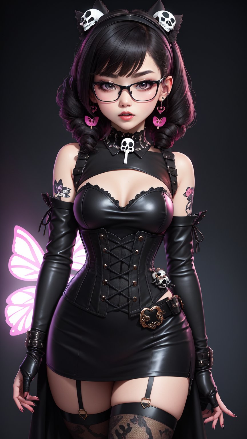 1girl, Velma Dinkley as a Catholicpunk cute goth girl in a fusion of Japanese-inspired Gothic punk fashion, glasses, skulls, goth. black gloves, tight corset, black tie, incorporating traditional Japanese motifs and punk-inspired details,Emphasize the unique synthesis of styles, flowers, butterflies, score_9, score_8_up ,heavy makeup, earrings, Lolita Fashion Clothes, kawaii, hearts ,emo, kawaiitech, dollskill,chibi, score_7_up,Eyes,3DMM,ravdn