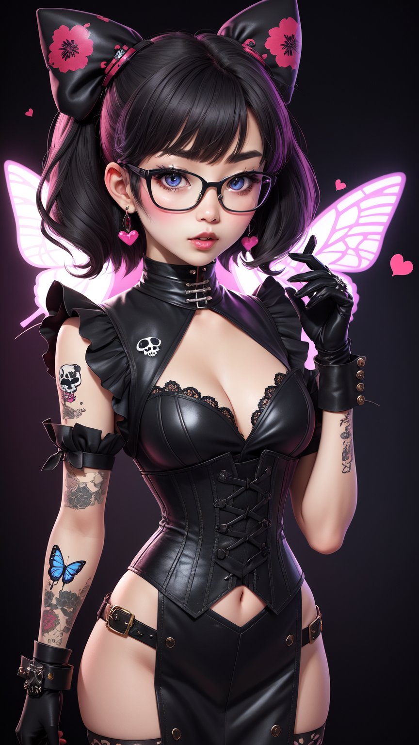 1girl, Velma Dinkley as a Catholicpunk cute goth girl in a fusion of Japanese-inspired Gothic punk fashion, glasses, skulls, goth. black gloves, tight corset, black tie, incorporating traditional Japanese motifs and punk-inspired details,Emphasize the unique synthesis of styles, flowers, butterflies, score_9, score_8_up ,heavy makeup, earrings, Lolita Fashion Clothes, kawaii, hearts ,emo, kawaiitech, dollskill,chibi, score_7_up,Eyes,3DMM,ravdn