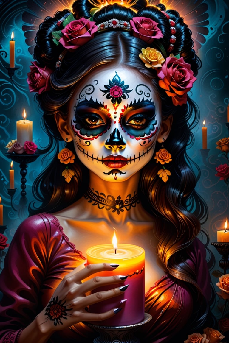 an oil painting in the style of WLOP of a woman with sugar skull paint and candles holding, in the style of realistic fantasy artwork, digital airbrushing, tanya shatseva, contrasting lights and darks, pixel art, exaggerated facial features, rubén maya
*a woman with a sugar skull makeup and roses around her head, celebrating day of the dead, dia de los muertos, day of the dead, dia de muertos, dia de los muertos. 8 k, la catrina, jen bartel, (dia de los muertos), day of all the dead, ( dia de los muertos )