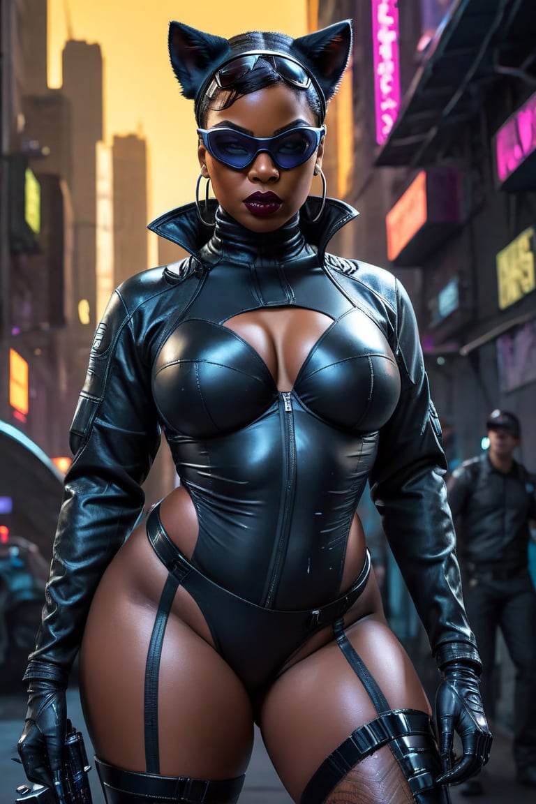 A painting of a plus-size black woman in a seductive cyberpunk Catwoman suit 