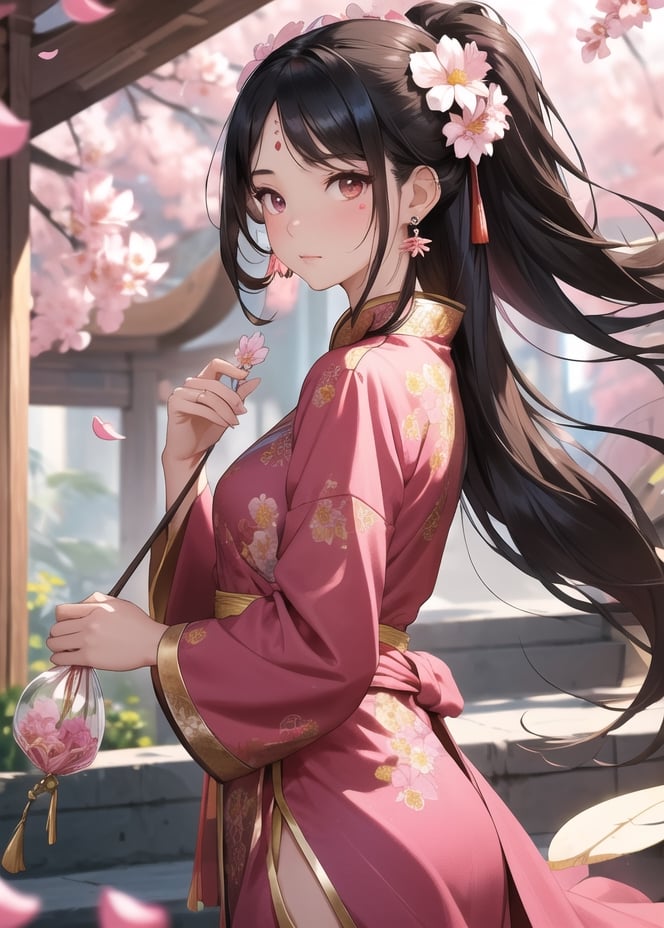 masterpiece, best quality1girl, black hair, blurry, blurry background, brown hair, chinese clothes, closed mouth, dress, earrings, facial mark, falling petals, flower, forehead mark, from side, hair ornament, holding, holding flower, jewelry, long hair, long sleeves, looking at viewer, petals, pink dress, solo, stairs, upper body