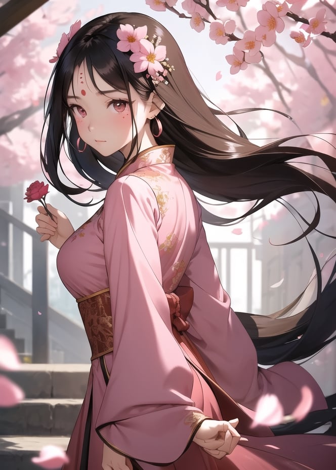 masterpiece, best quality1girl, black hair, blurry, blurry background, brown hair, chinese clothes, closed mouth, dress, earrings, facial mark, falling petals, flower, forehead mark, from side, hair ornament, holding, holding flower, jewelry, long hair, long sleeves, looking at viewer, petals, pink dress, solo, stairs, upper body