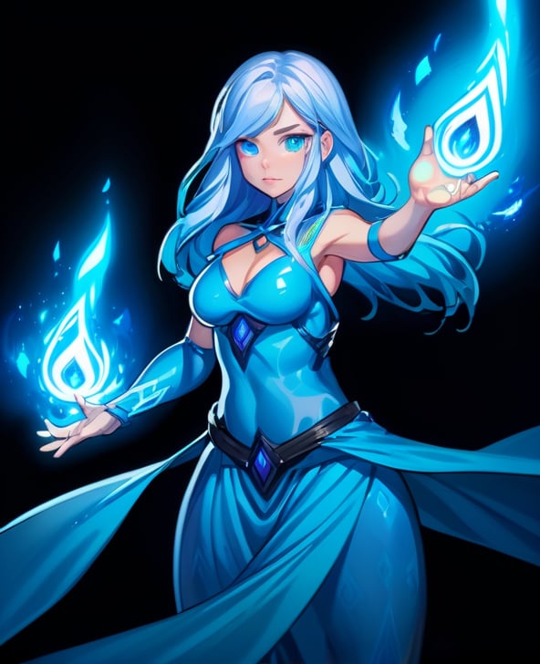 1girl, black background, blue eyes, blue skin, blue theme, breasts, casting spell, colored skin, dress, glowing, long hair, looking at viewer, medium breasts, simple background, solo, white hair