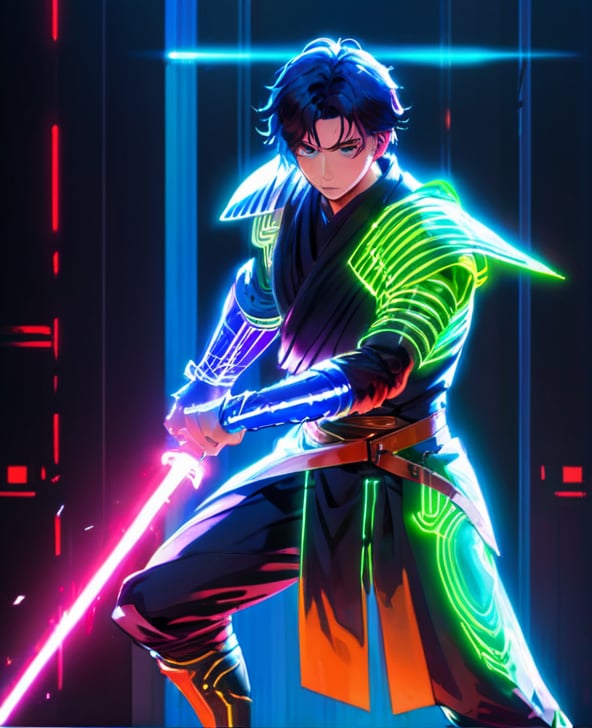 1boy, armor, energy sword, glowing, glowing sword, glowing weapon, holding, lightsaber, loincloth, male focus, neon style, solo, sword, weapon