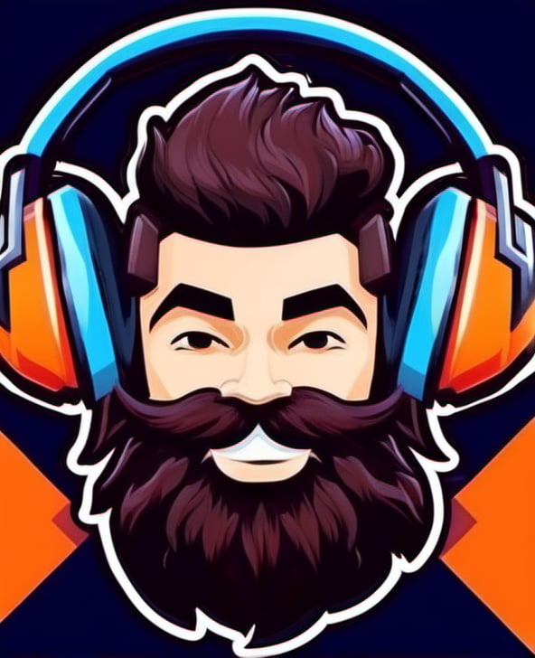 1boy, beard, black hair, facial hair, headphones, male focus, mascot logo, mustache, solo, upside-down