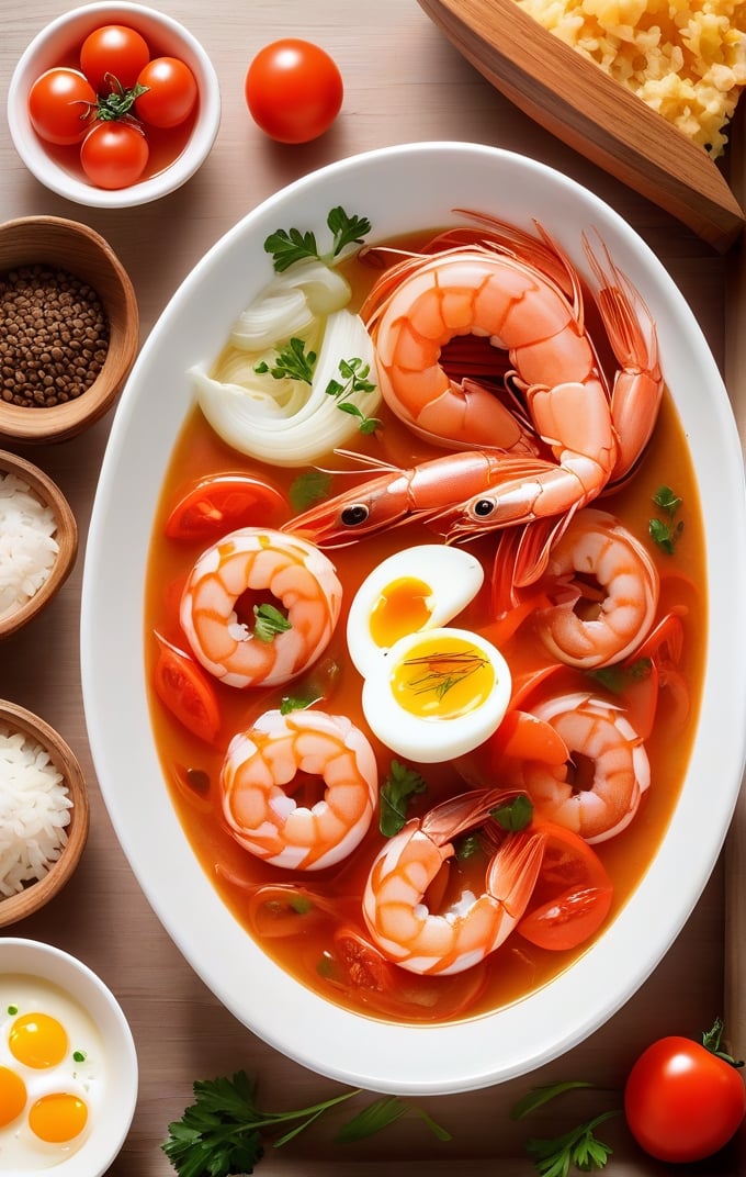 masterpiece, best qualitybowl, egg, food, food focus, fruit, meat, no humans, onion, plate, rice, shrimp, simple background, soup, still life, tomato, vegetable, white background