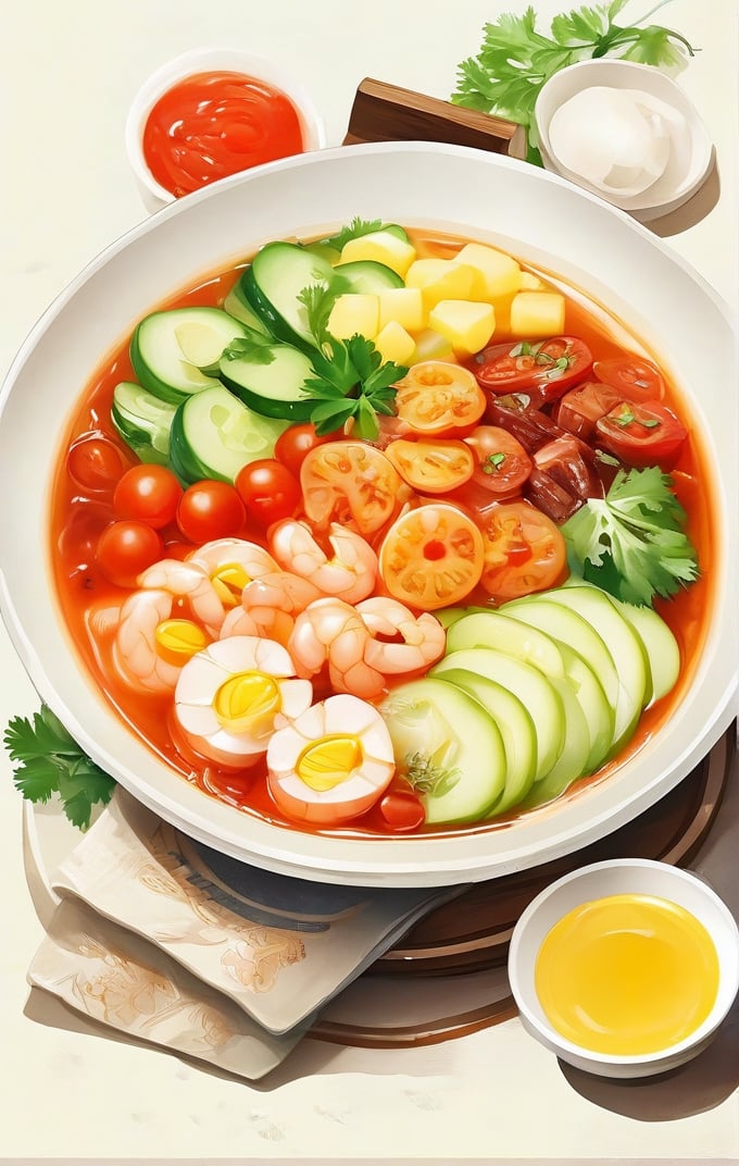 masterpiece, best qualitybowl, egg, food, food focus, fruit, meat, no humans, onion, plate, rice, shrimp, simple background, soup, still life, tomato, vegetable, white background