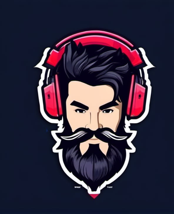 1boy, beard, black hair, facial hair, headphones, male focus, mascot logo, mustache, solo, upside-down