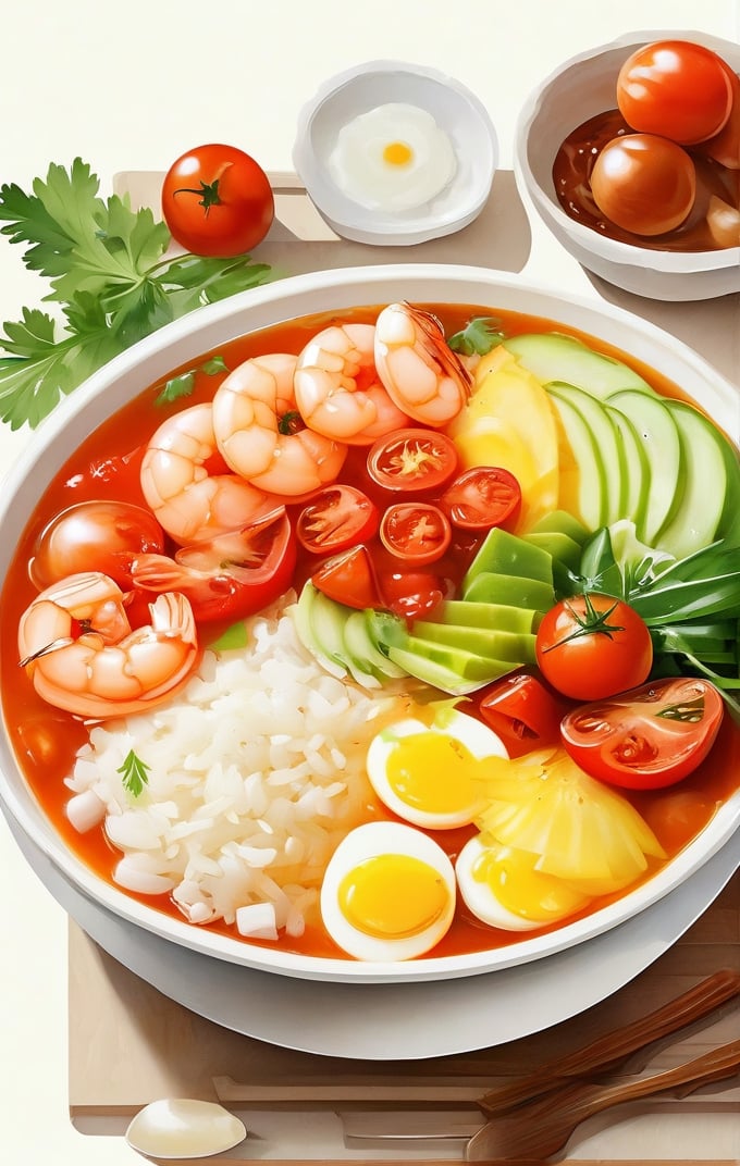 masterpiece, best qualitybowl, egg, food, food focus, fruit, meat, no humans, onion, plate, rice, shrimp, simple background, soup, still life, tomato, vegetable, white background