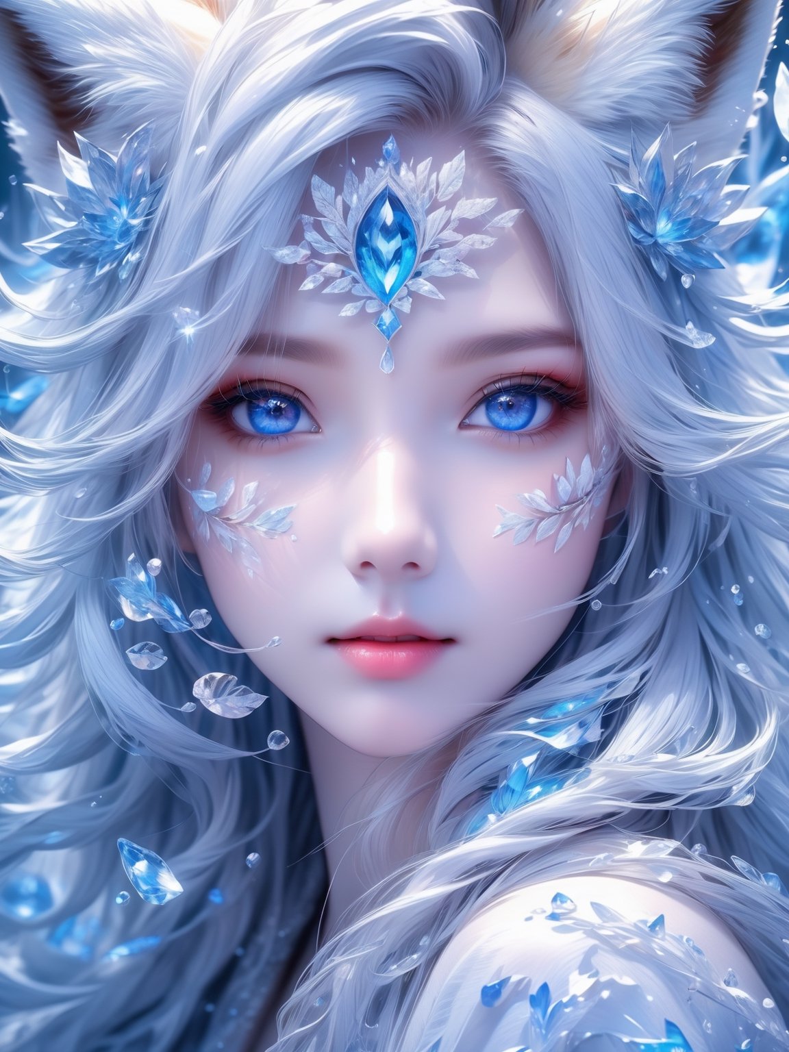 masterpiece, best quality, official art, extremely detailed cg 8k wallpaper, (flying petals) (detailed ice) , crystals texture skin, cold expression, ((fox ears)), white hair, long hair, messy hair, blue eye, looking at viewer, extremely delicate and beautiful, water, ((beauty detailed eye)), highly detailed, cinematic lighting, ((beautiful face), fine water surface, (original figure painting), ultra- detailed, incredibly detailed, (an extremely delicate and beautiful), beautiful detailed eyes, (best quality)
