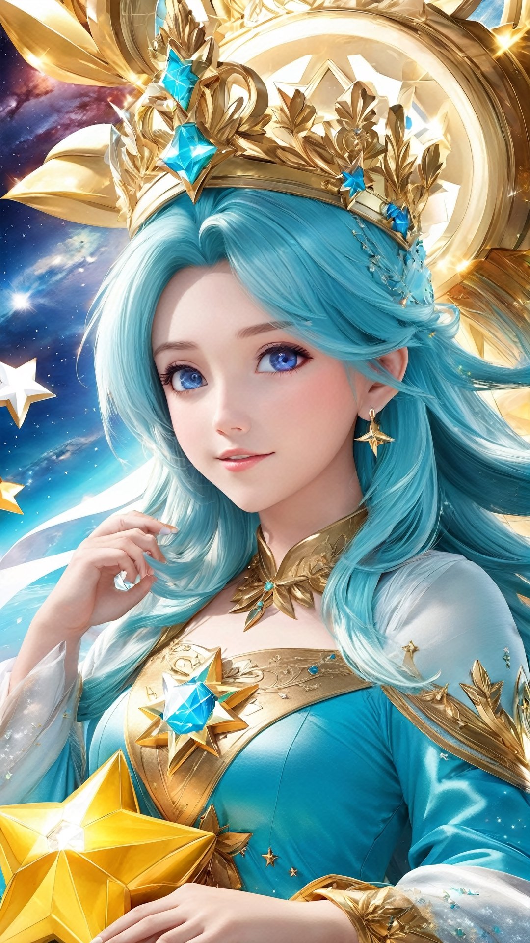 Hasilkan photo real version dari karakter ((Rosalina)) yg berasal dari Video Games, wajah European Girl, Rosalina tampil dengan busana Star Dress, mata warna cyan eyes, nama model rambutnya klo kata org bule (large bang of her hair covers her right eye), star fragment cover, star galaxy background, mahkota crown princess dengan yellow star jewel, expression cute dan centil bak mempesona, tampak utuh full body, tampilan gemoy feminine, photo ini harus terlihat seperti di photo studio dan diambil oleh the best cameraman terbaik seantero jagat untuk menghasilkan komposisi gambar yang memuaskan setiap mata yang melihatnya. 
"hahahaha... I love Indonesia" :p