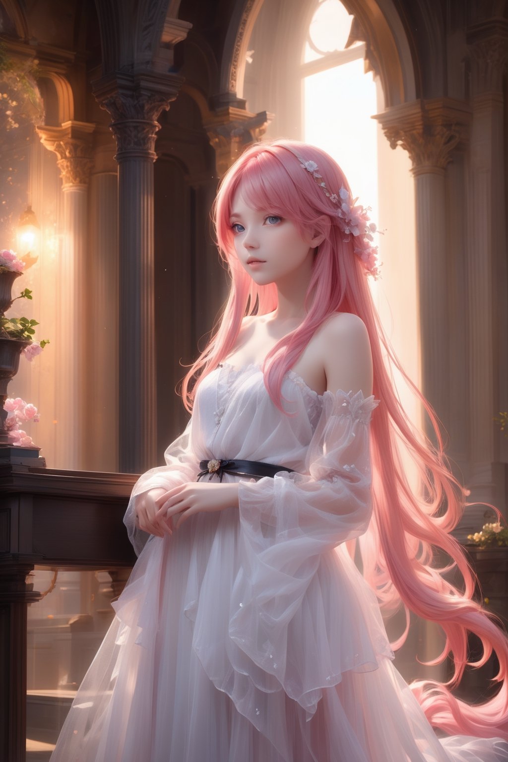 masterpiece,  extremely best quality,  official art,  cg 8k wallpaper,  (Fantasy Style:1.1),  (artistic atmosphere:1.2),  (full body:1.4),  (Korean style:1.3),  (nsfw,  seductively charming:1.5),  (1 woman,  20 years old,  long pink hair:1.2),  (bare shoulders:1.5),  (see-through_silhouette:1.4),  (narrow waist:1.22),  pixiv 10000 users,  highly detailed,  pixiv,  (beautiful face),  incredibly detailed,  (an extremely  beautiful),  (best quality)
