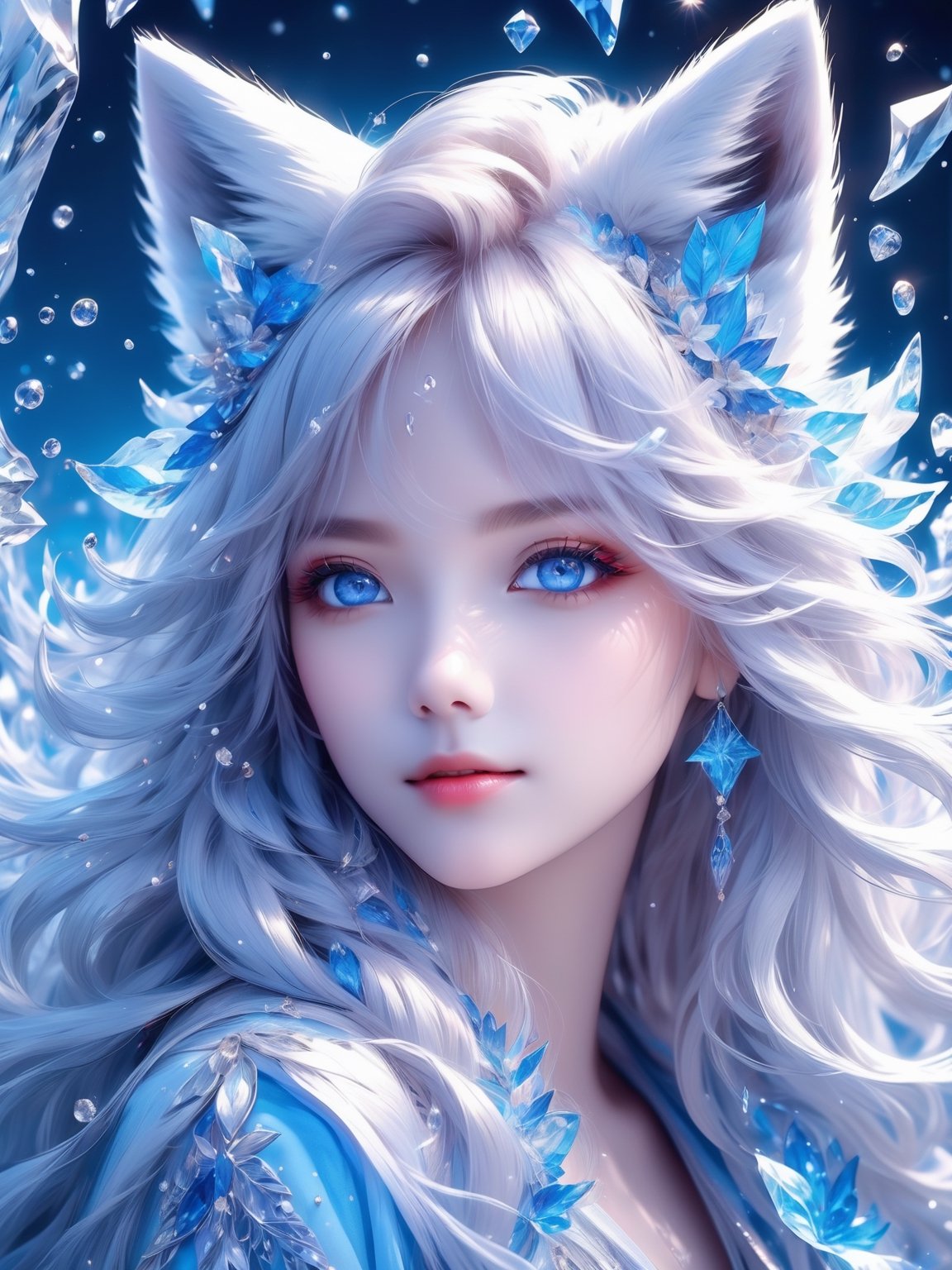 masterpiece, best quality, official art, extremely detailed cg 8k wallpaper, (flying petals) (detailed ice) , crystals texture skin, cold expression, ((fox ears)), white hair, long hair, messy hair, blue eye, looking at viewer, extremely delicate and beautiful, water, ((beauty detailed eye)), highly detailed, cinematic lighting, ((beautiful face), fine water surface, (original figure painting), ultra- detailed, incredibly detailed, (an extremely delicate and beautiful), beautiful detailed eyes, (best quality)
