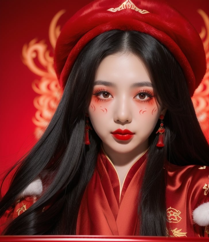 masterpiece, best quality, 1girl, red background, black hair, Long curly hair, face front, ((red fashion silk lone costume with red swirling vortexes pattern)), ((Red Plush Fur Hat)), emotional face, (close up portrait), make up, studio light, studio
