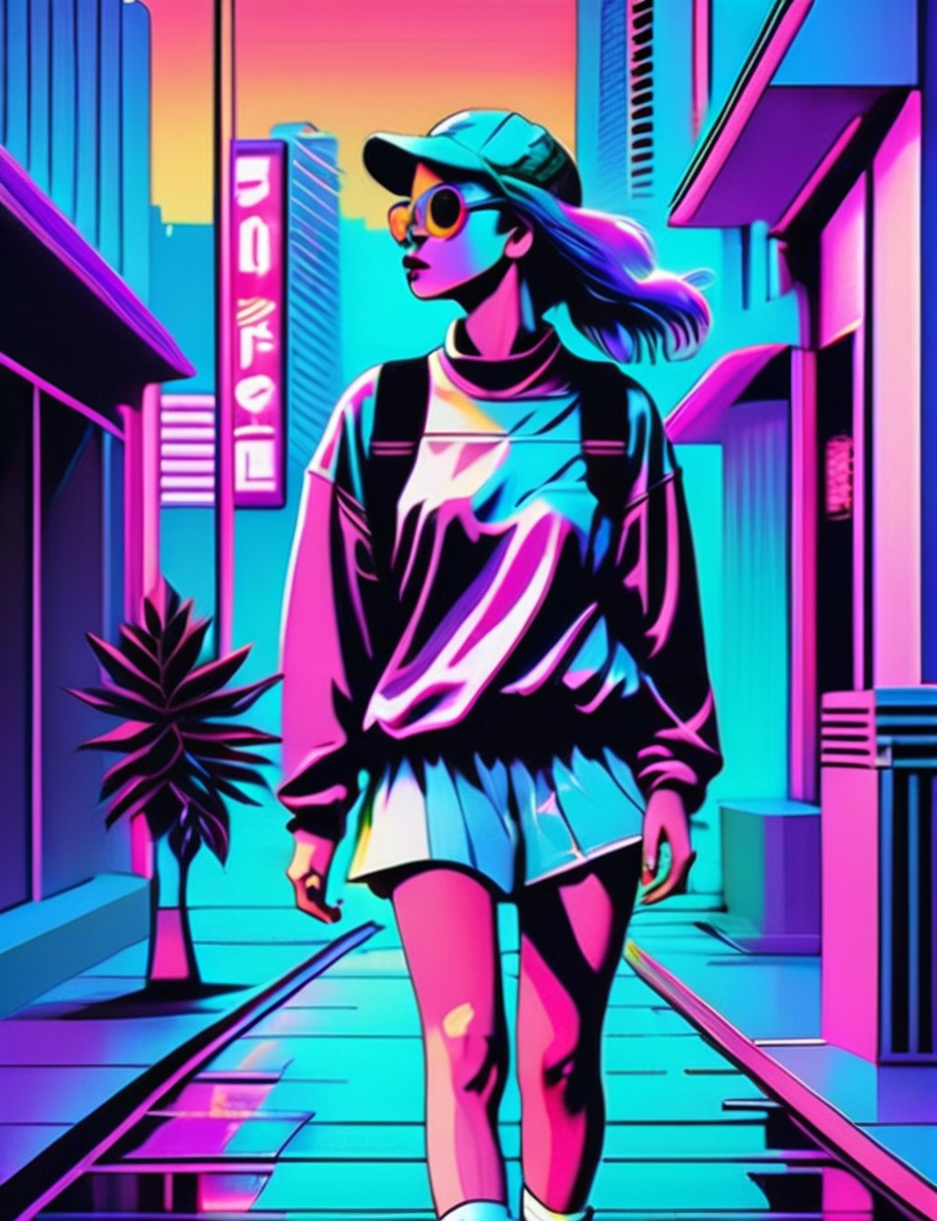 1girl, walking in the city, aesthetic, vaporwave