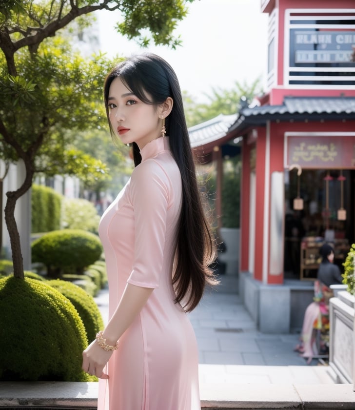 masterpiece, best quality,
ao dai, vietnamese, vietnam human, viet nam, 1girl, solo, black hair, realistic, jewelry, dress, looking at viewer, bracelet, pink dress