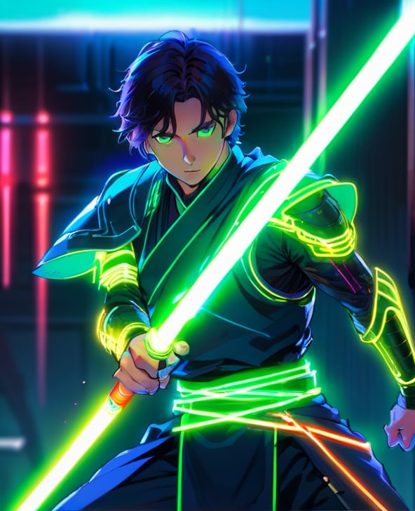 1boy, armor, energy sword, glowing, glowing sword, glowing weapon, holding, lightsaber, loincloth, male focus, neon style, solo, sword, weapon