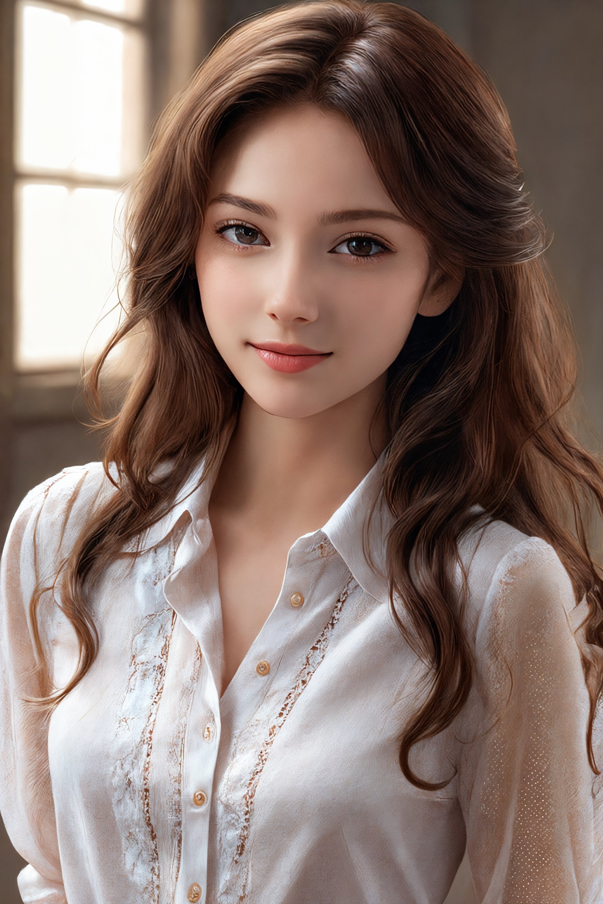masterpiece,  best quality,  photorealistic,  raw photo,  1girl,  long hair,  medium breast,  collared blouse,  light smile,  detailed skin,  pore,  low key
