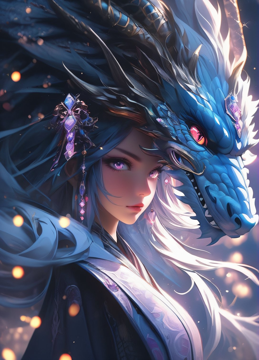 masterpiece, best qualityultra-realistic mix fantasy,(1 giant eastern dragon:1.3) behind an asian woman holding a glowing sword,void energy diamond sword, in the style of dark azure and light azure, mixes realistic and fantastical elements, vibrant manga, uhd image, glassy translucence, vibrant illustrations, ultra realistic, long hair, straight hair, light purple hair,head jewelly, jewelly, shawls,light In eyes, red eyes, portrait, firefly, bokeh, mysterious, fantasy, cloud, abstract, colorful background, night sky, flame, very detailed, high resolution, sharp, sharp image, 4k, 8k, masterpiece, best quality, magic effect, (high contrast:1.4), dream art, diamond, skin detail, face detail, eyes detail, mysterious colorful background, dark blue themes