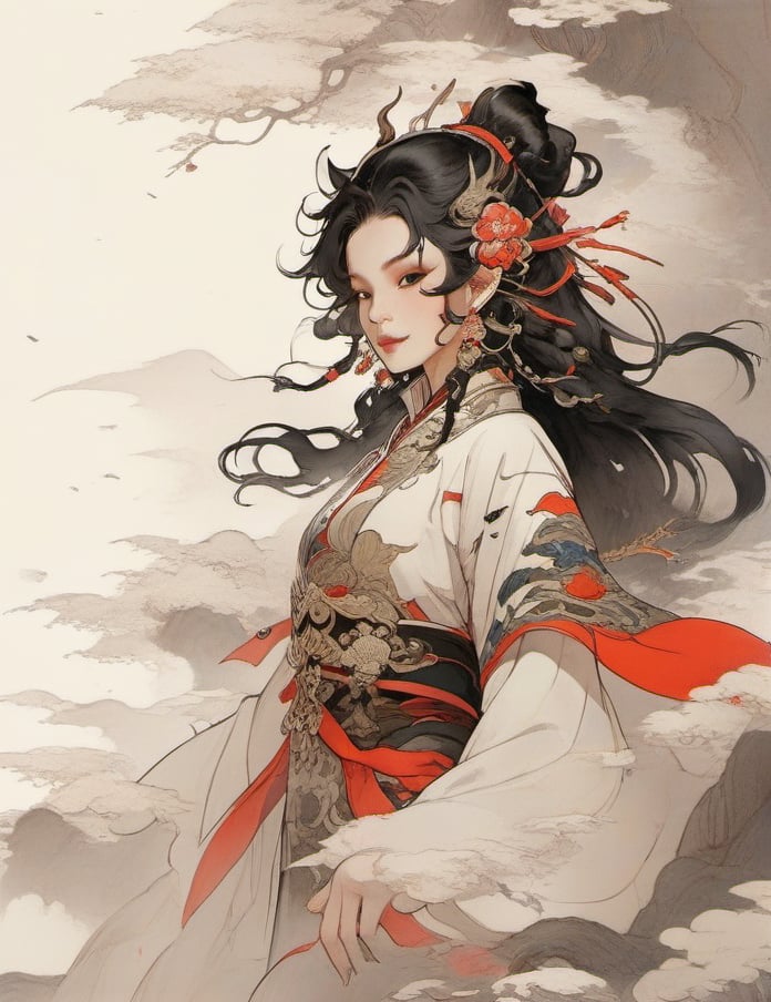 1girl, solo, hair ornament, bug, braid, jewelry, long hair, black hair, flower, chinese clothes, earrings, upper body, long sleeves, from side, dress
,mythical clouds