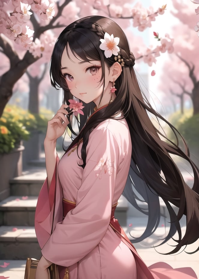 masterpiece, best quality1girl, black hair, blurry, blurry background, brown hair, chinese clothes, closed mouth, dress, earrings, facial mark, falling petals, flower, forehead mark, from side, hair ornament, holding, holding flower, jewelry, long hair, long sleeves, looking at viewer, petals, pink dress, solo, stairs, upper body