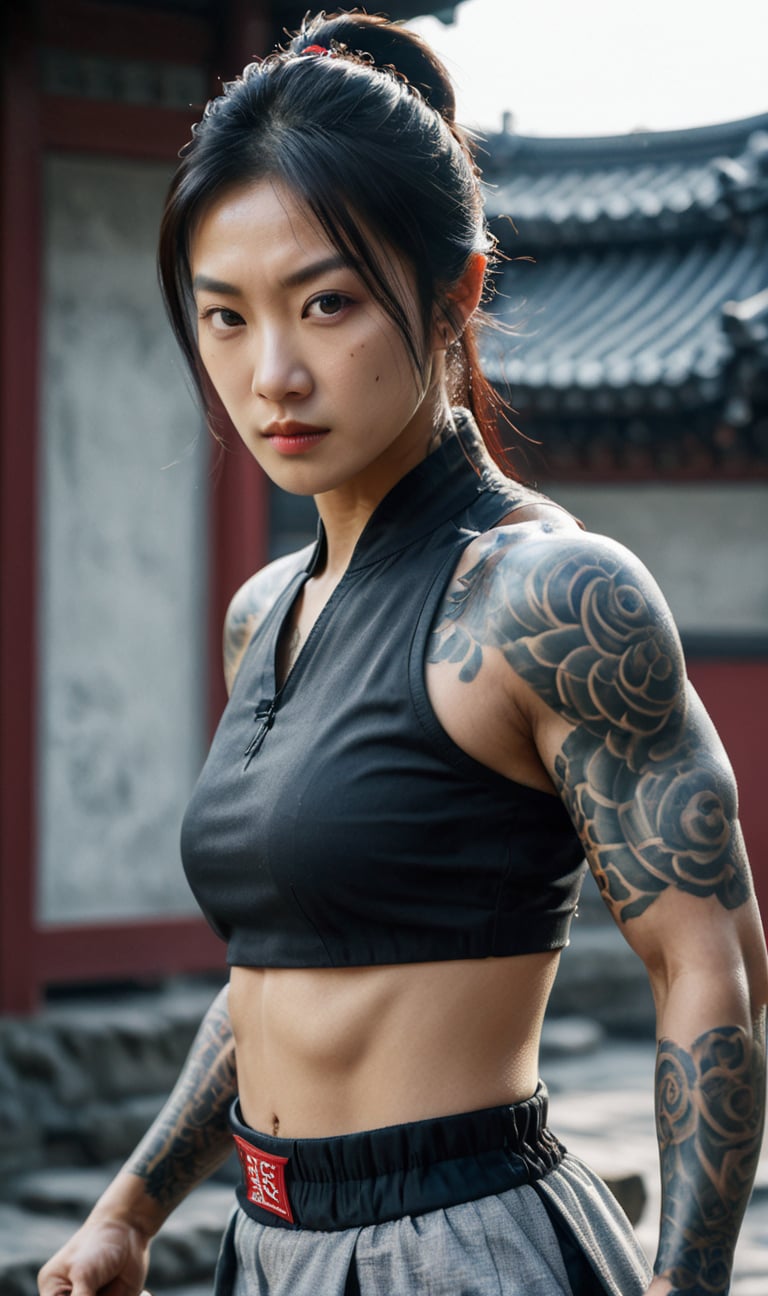 1girl,a kung fu master, is fearsome in appearance and adorned with intricate tattoos that tell the story of her journey and prowess. Muscles built through years of rigorous training exude strength and confidence. Her posture is calm and ready, her eyes focused and determined. She is Asian and muscular, a perfect blend of beauty and power.,Asian,muscular,action shot