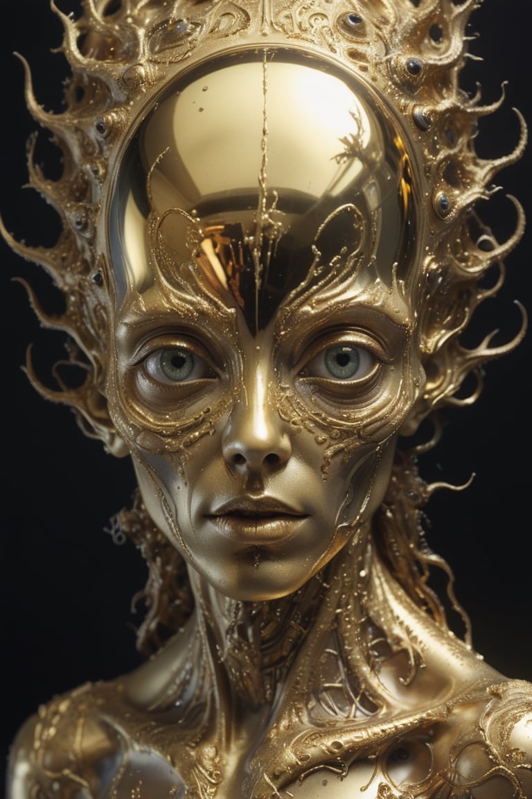 molecular abstraction, gold mirror, photographic emulsion, surreal alien portrait, long cinematic shadows, amazing details, best quality, masterpiece, perfect composition, beautiful detailed, intricate insanely detailed, octane render, trending on art-station, 8 k artistic photography