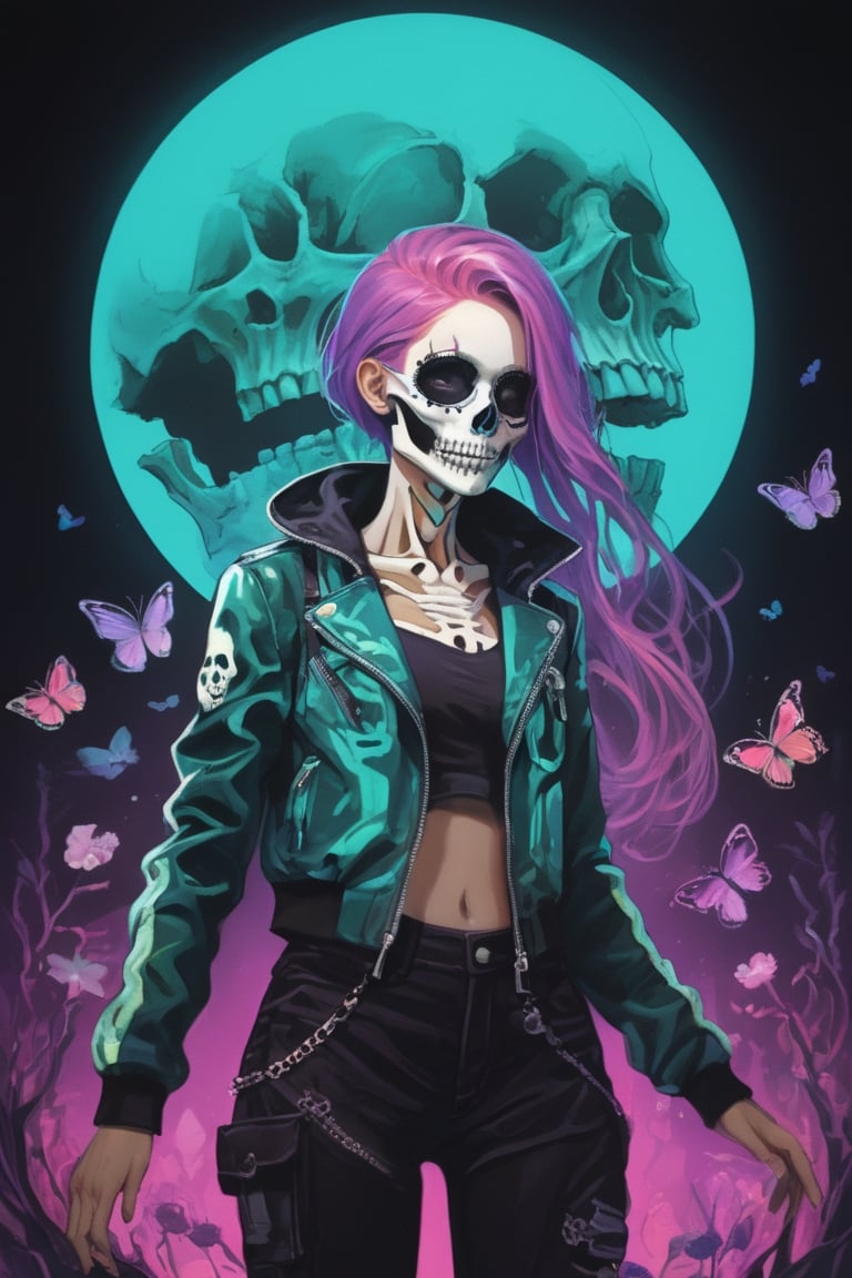 anime, (((masterpiece, best quality, illustration, extremely detailed, 8k, 4k, 2k))), (1girl),skeleton style, ((glow hair, multicolored hair)), ((Iridescent Hair)), (rib cage), ((face mask)), ((teal neon light)), ((hands behind back)), (black jacket), (((purple retro background))), (looking at viewer), (black pants), ((butterflies)), (looking at viewer), (upper body)