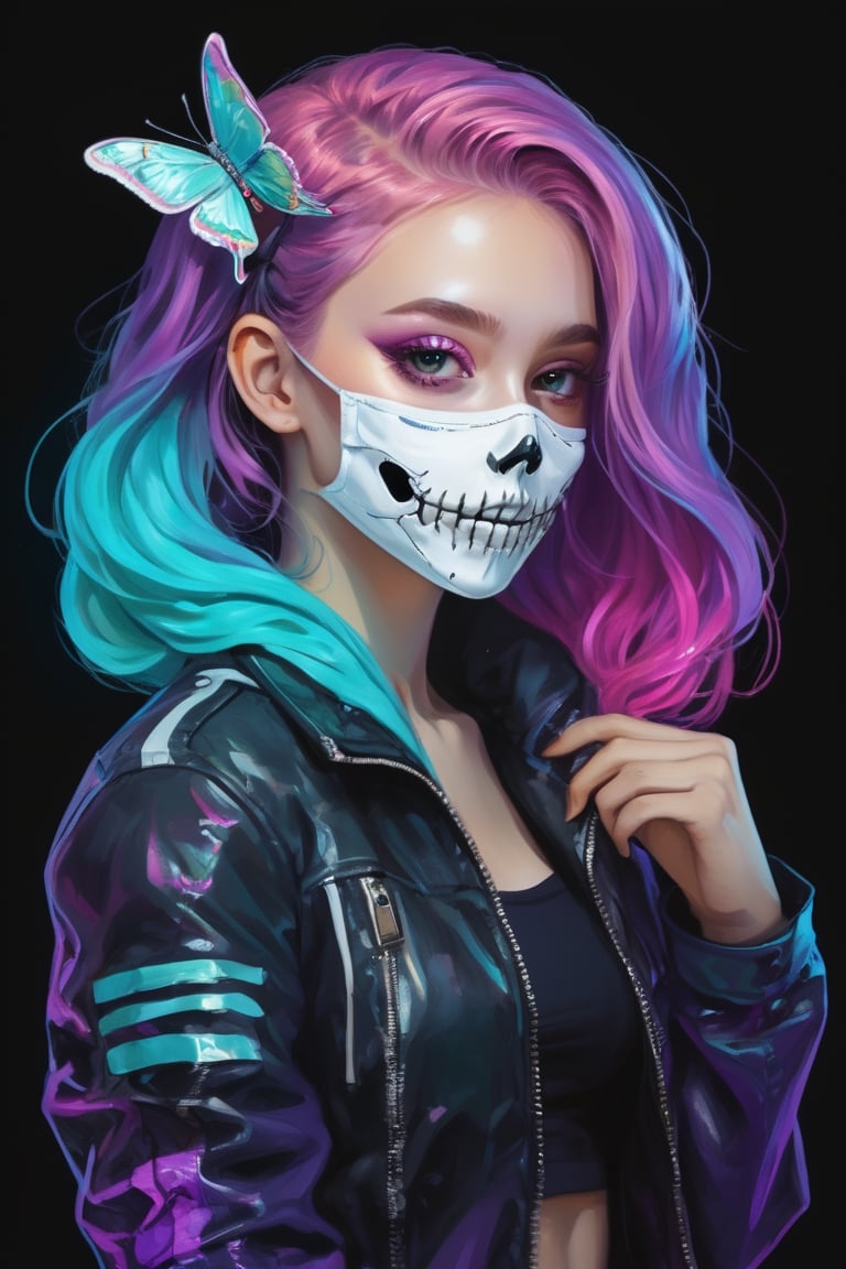 (((masterpiece, best quality, illustration, extremely detailed, 8k, 4k, 2k))), (1girl),skeleton style, ((glow hair, multicolored hair)), ((Iridescent Hair)), (rib cage), ((face mask)), ((teal neon light)), ((hands behind back)), (black jacket), (((purple retro background))), (looking at viewer), (black pants), ((butterflies)), (looking at viewer), (upper body)