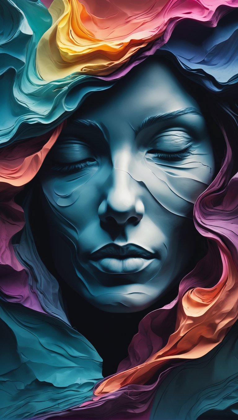 dark sky, an abstract waves of some colors blending together conforming a woman face (eye closed), in the style of rendered in cinema4d, crumpled, ethereal sculptures, 32k uhd, light-filled landscapes, single object, neon realism