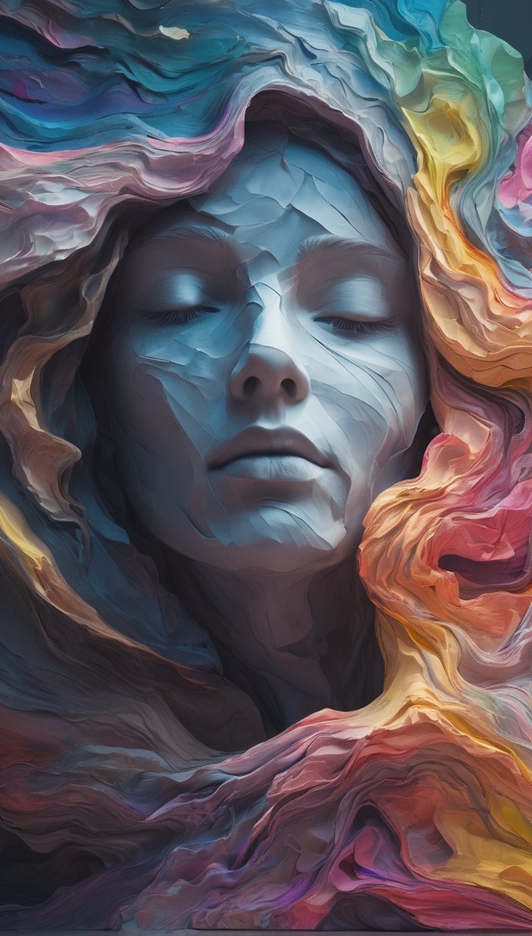dark sky, an abstract waves of some colors blending together conforming a woman face (eye closed), in the style of rendered in cinema4d, crumpled, ethereal sculptures, 32k uhd, light-filled landscapes, single object, neon realism