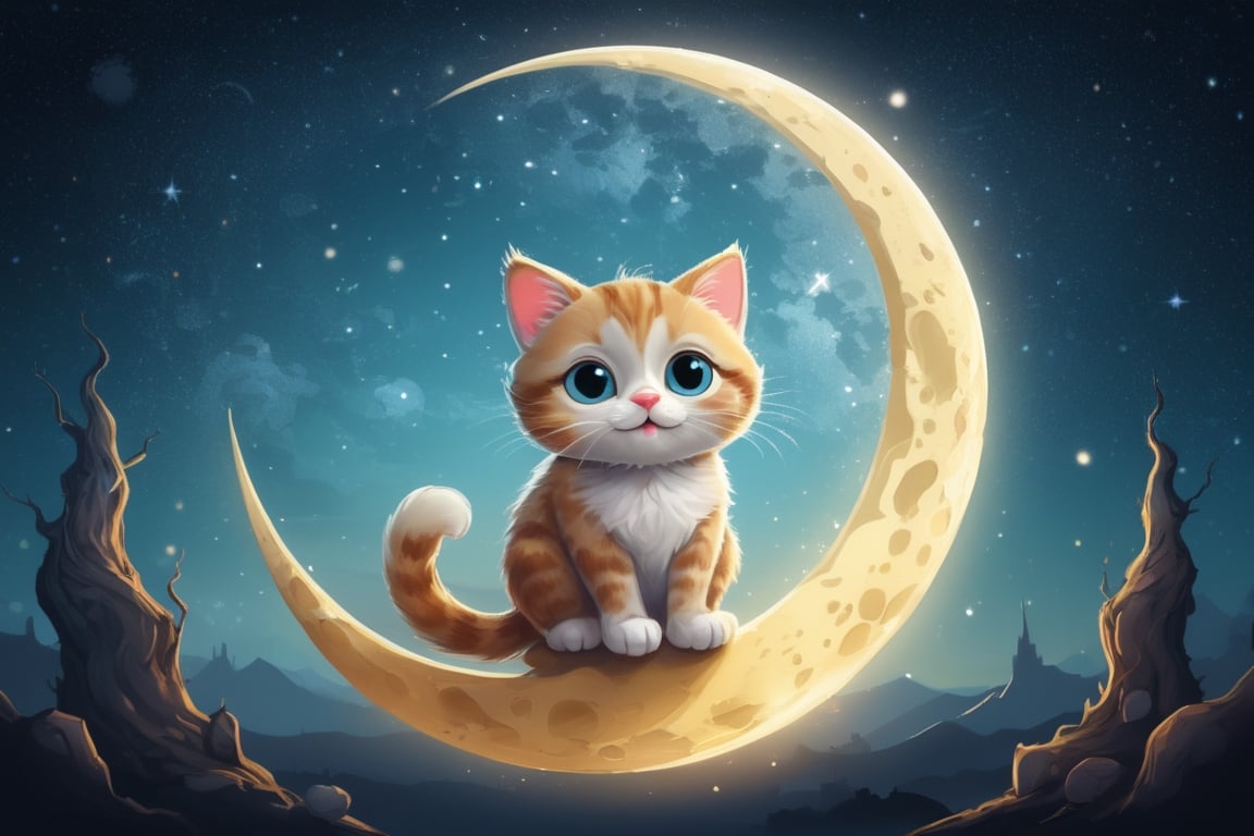 a cute cartoon cat sitting in the moon at night
  