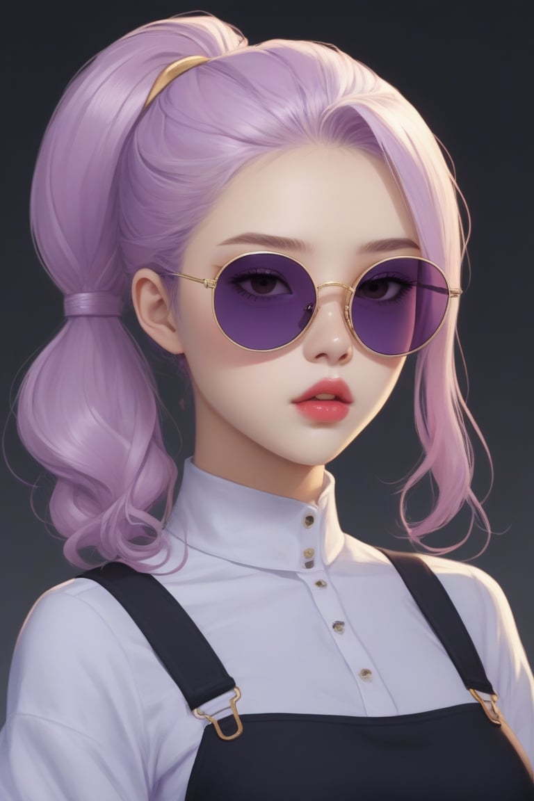 anime masterpiece, absurdres, best quality ,intricate details , (shiny skin, shiny hair, pale skintone), 1girl , Light purple hair , Ponytail hairstyles, yellow eyes, Pink sunglasses , Evil facial features , evil face , Purple lips , Purple lip colour , white shirt ,Black pants , gloves ,Don't look at the view