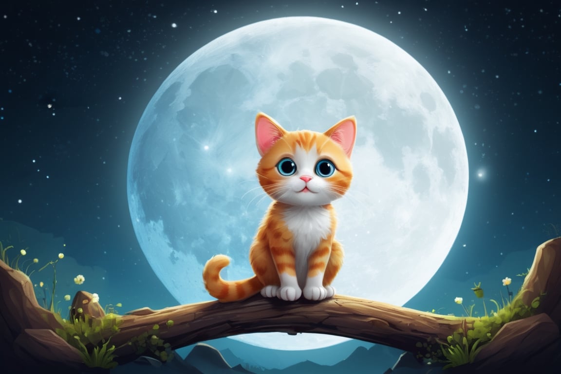 a cute cartoon cat sitting in the moon at night
  