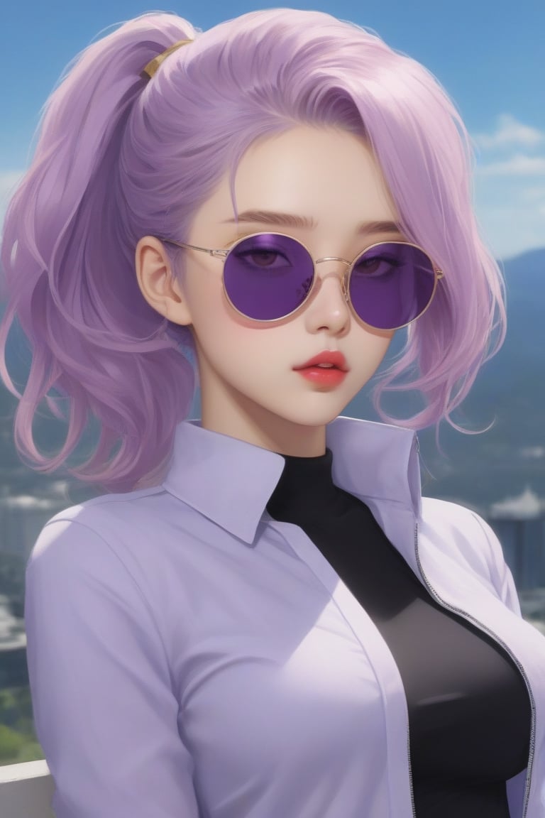anime masterpiece, absurdres, best quality ,intricate details , (shiny skin, shiny hair, pale skintone), 1girl , Light purple hair , Ponytail hairstyles, yellow eyes, Pink sunglasses , Evil facial features , evil face , Purple lips , Purple lip colour , white shirt ,Black pants , gloves ,Don't look at the view