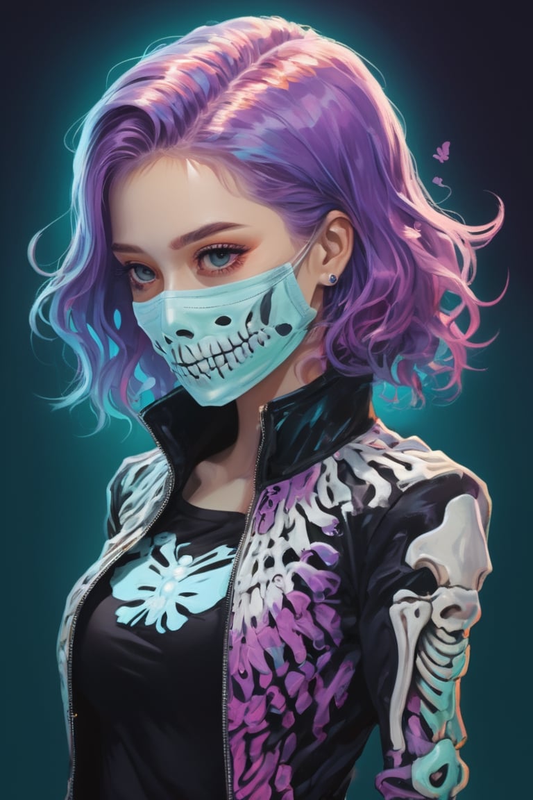 anime, (((masterpiece, best quality, illustration, extremely detailed, 8k, 4k, 2k))), (1girl),skeleton style, ((glow hair, multicolored hair)), ((Iridescent Hair)), (rib cage), ((face mask)), ((teal neon light)), ((hands behind back)), (black jacket), (((purple retro background))), (looking at viewer), (black pants), ((butterflies)), (looking at viewer), (upper body)