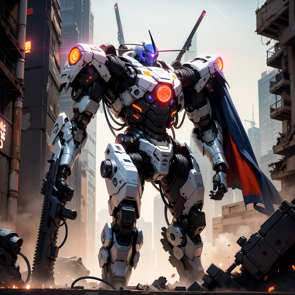 (armored stand), (full-mech, jet-pak equipped, machinegun-wielding armor), robot, rough, no humans, science fiction, horns, single horn, cable, neon, looking ahead, standing, glowing,  cape, radio antenna,
,masterpiece, best quality, (giving it an otherworldly, post-apocalyptic edge). (chaotic battlefront city background), (with streaks of dark red and orange), (giving the scene an ethereal, surreal glow). (The cityscape stretches out in the background, bustling with neon lights and towering skyscrapers half collapsed.) 