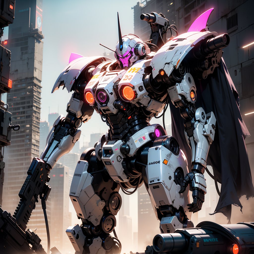 (armored stand), (full-mech, jet-pak equipped, machinegun-wielding armor), robot, rough, no humans, science fiction, horns, single horn, cable, neon, looking ahead, standing, glowing,  cape, radio antenna,
,masterpiece, best quality, (giving it an otherworldly, post-apocalyptic edge). (chaotic battlefront city background), (with streaks of pink and orange), (giving the scene an ethereal, surreal glow). (The cityscape stretches out in the background, bustling with neon lights and towering skyscrapers half collapsed.) 