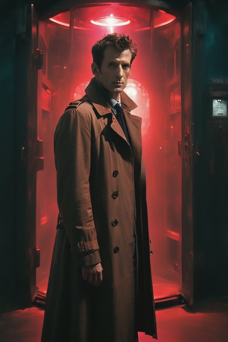 Profile image of Doctor who in brown trench coat standing in front of the tardis which is in front of a huge red robot which is in front of the earth. Minimalist, hazy, blue and pink, low contrast, cinematic, muted tones


