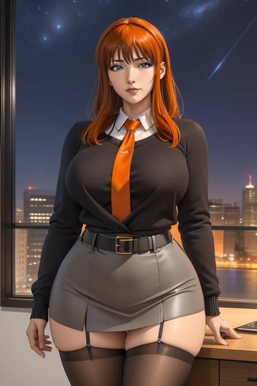 Kyoko Sano is a beautiful woman, 40 years old, pretty face, tall and hourglass, milf, bbw. Long red-orange hair, blue eyes. She is wearing a baggy purple military jacket with gold details that extends to mid-thigh, she has big breasts, large breasts, wide hips, big ass, round ass, wide thighs. 
She is wearing a black sweater and a red tie. She is wearing a black sweater and a red tie. She is wearing a closed light gray suit jacket. She is wearing a light gray skirt, she is wearing a white belt, she is wearing black stockings. In the background, the view of a business office with a large window overlooking the buildings and the starry night sky. Interactive image, detailed image. sciamano240, 1 girl, kyokosano, mature woman