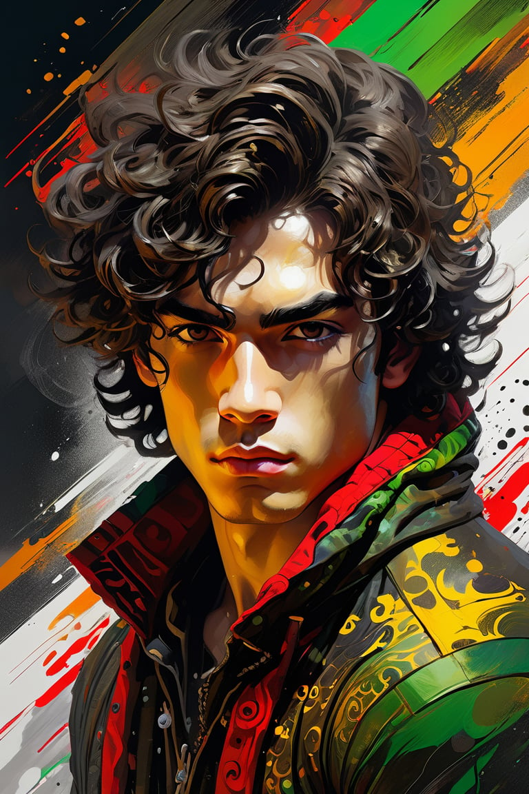 Art by Wadim Kashin, psychedelic mist style, psychedelic wilderness, splash psychedelic lines, ink, mist, long dark_brown curly hair, in rich, a work of art, detailed and meticulous artwork, sharp focus, cinematic composition, popular on ArtStation, (((A 18-years-old stunningly handsome Barranquillero young man))), ((( a 18-years-old stunningly handsome Barranquillero young man))), , detailed athletic build, captivating eyes, determined, jacket, t-shirt, daring, avant-garde, full body, low angle, extremely detailed, intense gaze, red yellow green in the background, bursts of black white and gold, hyper-realistic texture, dramatic, oni style