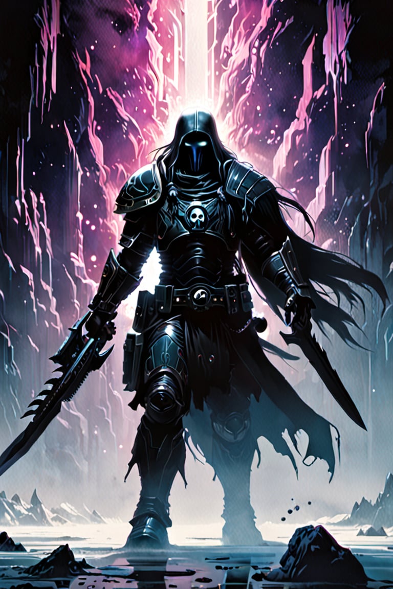 Black light and oil painting, warm foreground background, Nykona Sharrowkyn ((a male, long straight black hair, shoulder-length haircut, black eyes, pale white skin, muscular build, wears black cybernetic armor with white ornaments and white lines, white raven symbol), surrounded by a cold misty night, glowing face paint with ultraviolet black light, by lois van baarle and bastien lecouffe deharme, drops of paint, dreamlike, digital painting, dynamic lighting, noir, art fantasy, stunning imaginative art, splatter art, subtle alcohol ink, mystical mist, night, shadows, magnificent and powerful, ((Space Marine, Nykona Sharrowkyn is a man from the Raven Guard, XIX Legion, Warhammer 40K)), concept art, acrylic paint, cinematic lighting, bright, intricate, cool color nuances, chaotic, 16k, illustration, colorful touches, golden ratio, fake detail, trending pixiv fanbox, acrylic spatula, slawomir maniak style, pascal campion, makoto shinkai studio ghibli genshin impact james gilleard greg rutkowski chiho aoshima, fear, wonder, 2d animation 3d painting, ghost person, DonMD3m0nXL, more detail XL,