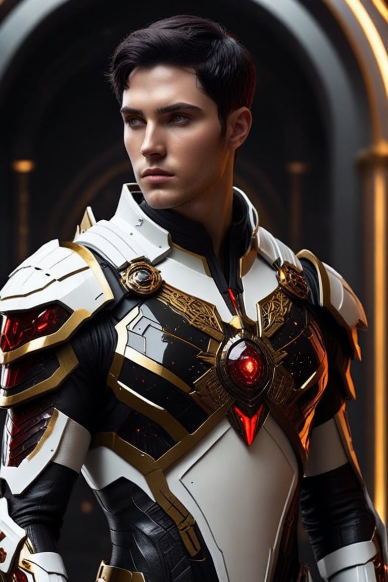 Sci-Fi. Pionus Santor is a human being, a handsome man of 25 years old, ((caucasian)), short straight black hair, military haircut, amber eyes. athletic build.  ((white armor)). He wears a futuristic and highly cybernetic black armor. Red ornaments, golden lines, Ionian iconography. Inspired by the art of Destiny 2 and the style of Guardians of the Galaxy.,perfecteyes