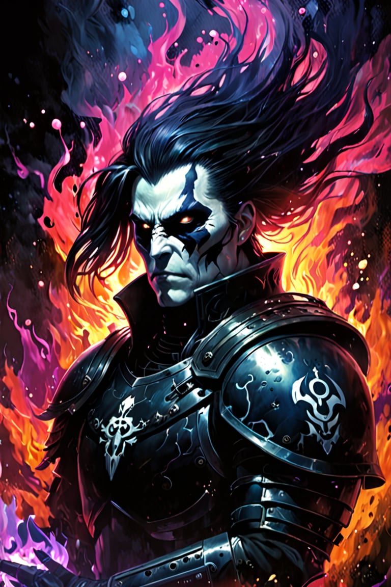Black light and oil painting, warm foreground background, Branne Nev ((a male, long straight black hair, shoulder-length haircut, black eyes, pale white skin, muscular build, wears black cybernetic armor with white ornaments and white lines, white raven symbol), surrounded by a cold misty night, glowing face paint with ultraviolet black light, by lois van baarle and bastien lecouffe deharme, drops of paint, dreamlike, digital painting, dynamic lighting, noir, art fantasy, stunning imaginative art, splatter art, subtle alcohol ink, mystical mist, night, shadows, magnificent and powerful, ((Space Marine, Branne Nev is a man from the Raven Guard, XIX Legion, Warhammer 40K)), concept art, acrylic paint, cinematic lighting, bright, intricate, cool color nuances, chaotic, 16k, illustration, colorful touches, golden ratio, fake detail, trending pixiv fanbox, acrylic spatula, slawomir maniak style, pascal campion, makoto shinkai studio ghibli genshin impact james gilleard greg rutkowski chiho aoshima, fear, wonder, 2d animation 3d painting, ghost person, DonMD3m0nXL, more detail XL,